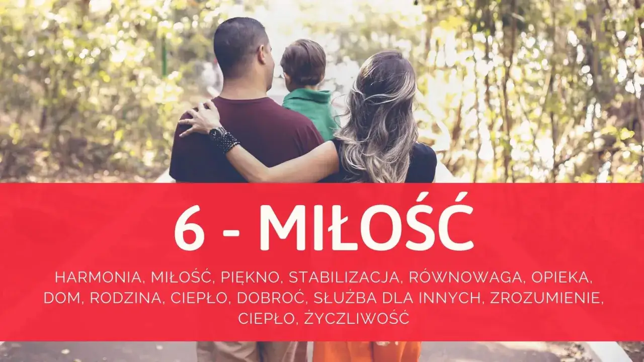 Rodzina w objęciach, symbolizująca 6 - MIŁOŚĆ. Harmonia, opieka i ciepło tworzą fundament szczęścia.