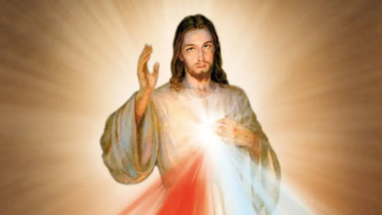 Dzień 6 nowenny do miłosierdzia bożego. Jezus z promieniującym sercem i podniesioną dłonią błogosławi.