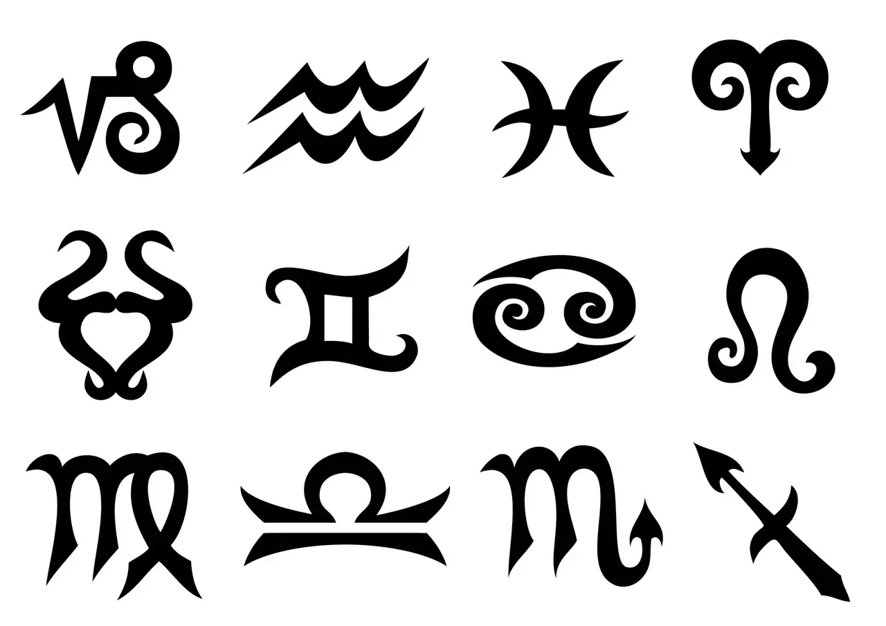 Zodiakalne symbole: Koziorożec, Wodnik, Ryby, Baran, Byk, Bliźnięta, Rak, Lew, Panna, Waga, Skorpion, Strzelec.