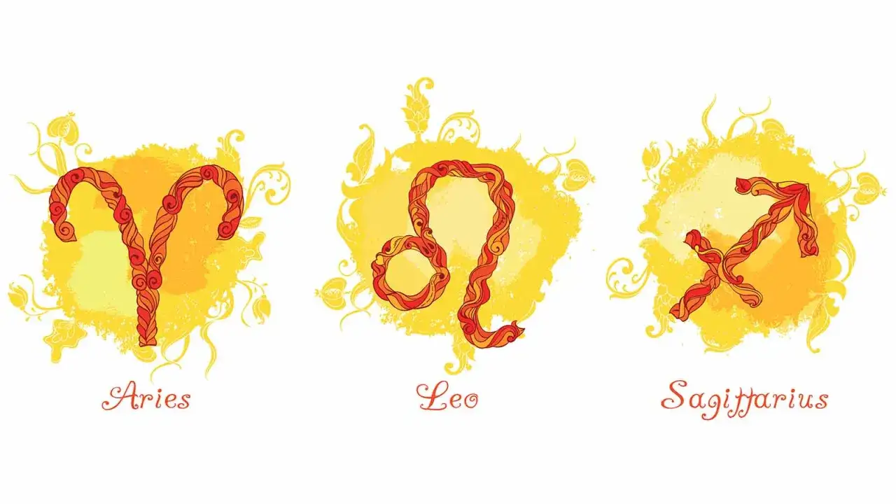 Lew i strzelec, symbole zodiaku na tle akwarelowych plam i ozdobnych wzorów.