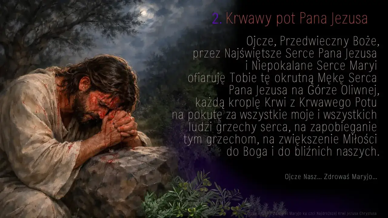 Modlitwa za nieprzyjaciół: Jezus w agonii na Górze Oliwnej, ofiarujący krew za grzechy.