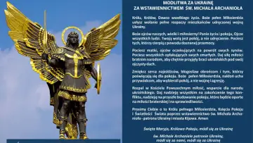 Pomnik św. Michała Archanioła, patrona Ukrainy, z mieczem i tarczą, w złotej zbroi. Modlitwa o pokój dla Ukrainy.