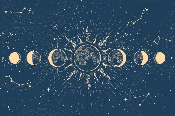 Cykl faz księżyca i słońce na tle nocnego nieba z gwiazdami i konstelacjami. Symbolizuje nowy rok astrologiczny i kosmiczne przemiany.