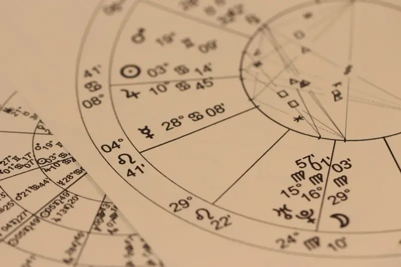 Zbliżenie na wykresy astrologiczne z symbolami planet i znaków zodiaku. Widoczny fragment horoskopu, gdzie 22.11 to znak zodiaku Strzelec.