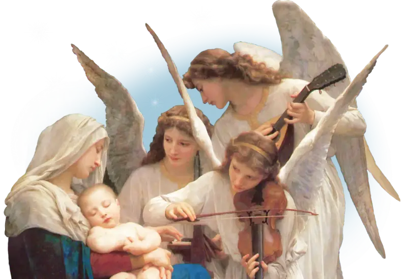 Anioły grające na instrumentach przy śpiącym Dzieciątku i Matce Bożej. Modlitwa do Archanioła Gabriela.
