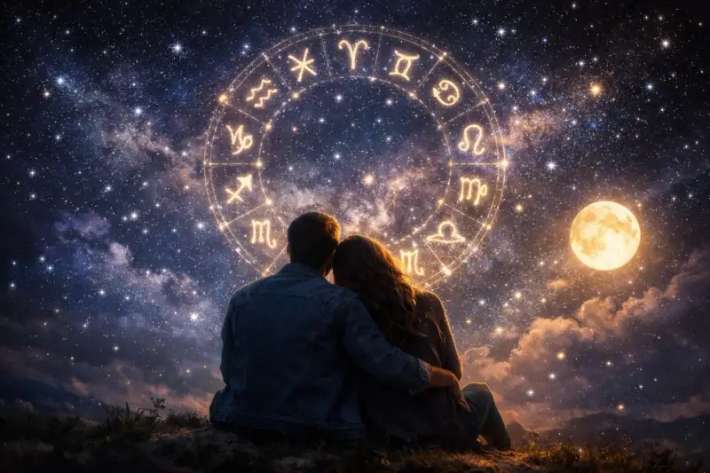 Para zakochanych patrzy na koło zodiaku, gdzie widnieją symbole Raka i Skorpiona. Księżyc i gwiazdy tworzą magiczną atmosferę.