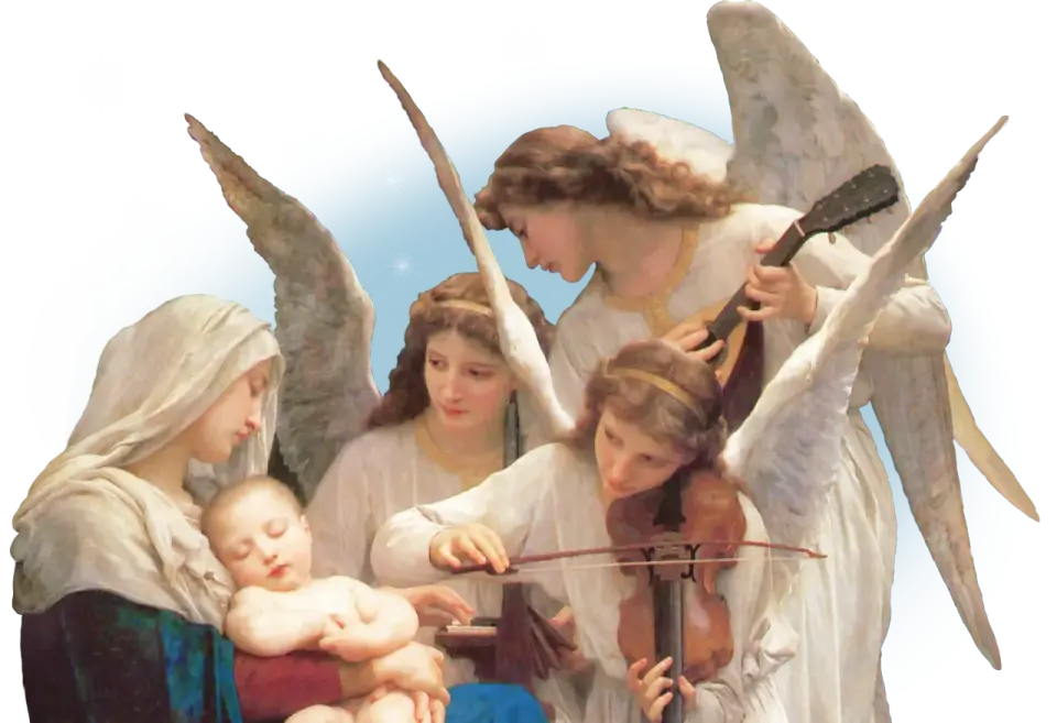 Anioły grające na instrumentach przy śpiącym Dzieciątku i Matce Bożej. Modlitwa do Archanioła Gabriela.